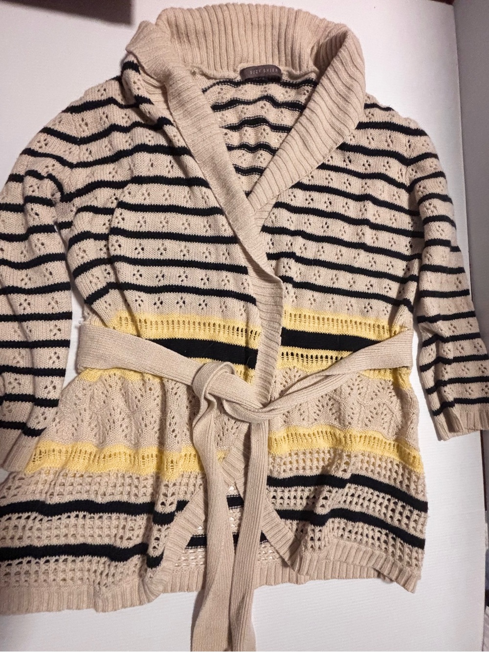Suzy Shier Striped Pointelle Tie-Waist Cardigan Size XL fits like Large - Picture 2 of 6